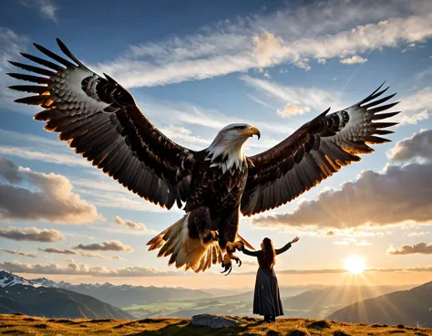 (Une sublime femme debout sur le dos d'un immense aigle, elle tient un arc dans sa main), s'envole dans un ciel radieux, (un seu...