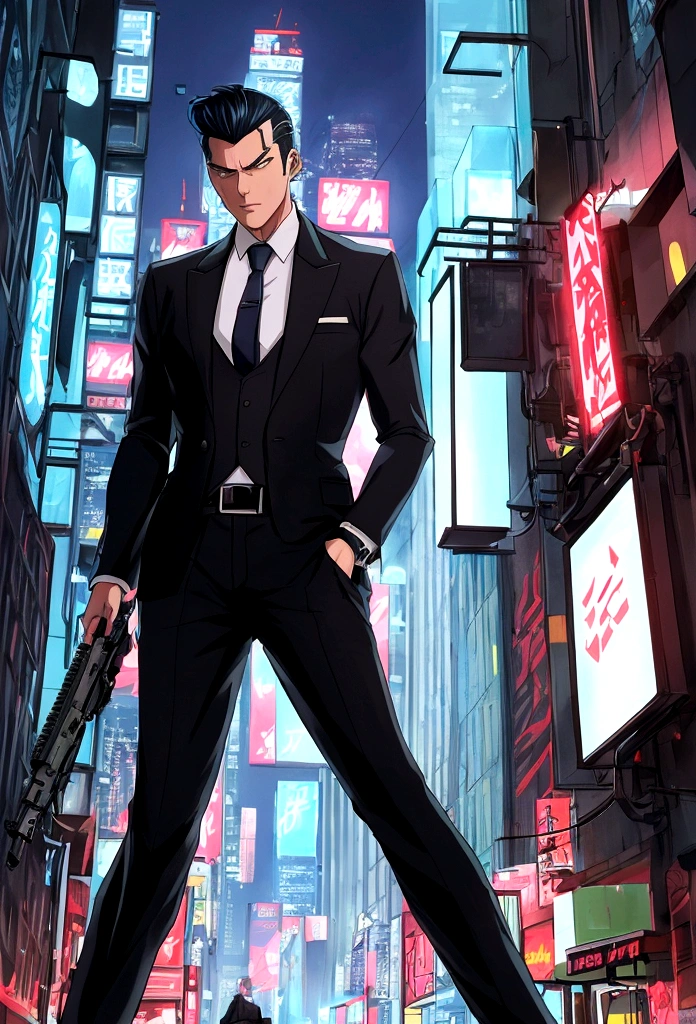 "Create an anime-style image of a gangster in a modern cityscape at night. He has sharp, stylish features with slicked-back hair and is wearing a sleek, tailored suit with a loosened tie. He stands confidently in a dimly lit alleyway, with neon lights from signs and buildings casting colorful glows around him. In one hand, he holds a futuristic-looking gun, and in the other, a burning cigarette. The background features towering skyscrapers, graffiti on the walls, and a sense of edgy urban atmosphere. The character exudes a mix of danger and cool charisma."