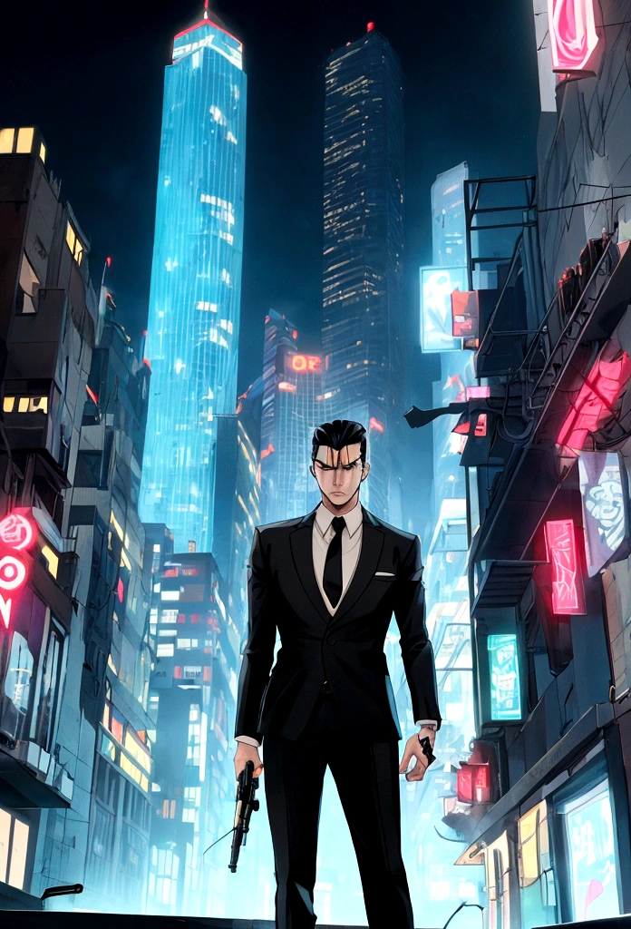 "Create an anime-style image of a gangster in a modern cityscape at night. He has sharp, stylish features with slicked-back hair and is wearing a sleek, tailored suit with a loosened tie. He stands confidently in a dimly lit alleyway, with neon lights from signs and buildings casting colorful glows around him. In one hand, he holds a futuristic-looking gun, and in the other, a burning cigarette. The background features towering skyscrapers, graffiti on the walls, and a sense of edgy urban atmosphere. The character exudes a mix of danger and cool charisma."