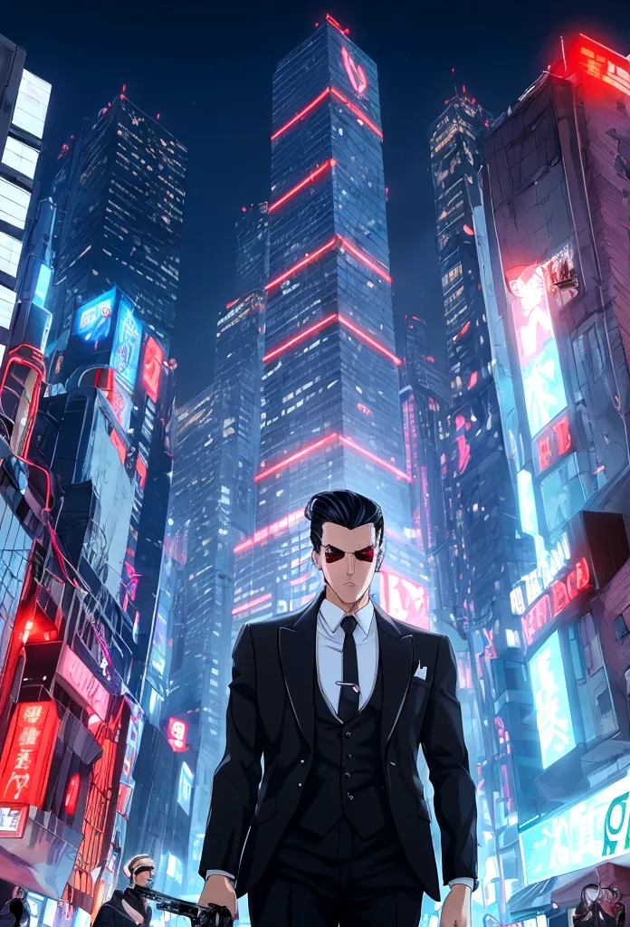 "create an anime-style image of a gangster in a modern cityscape at night. he has sharp, stylish features with slicked-back hair...