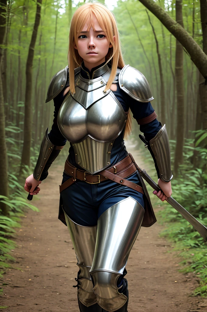 high reslolution, young novice warrior of the warriors guild, blonde hair, dutch girl 20 years old,  leather armor, in a forest, peeing her pants in fear, wetting herself in panic, panic in her face, pee running down her legs, visible wetness at her crotch, pee running down her legs, wearing light colored leather pants, light metal breastplate