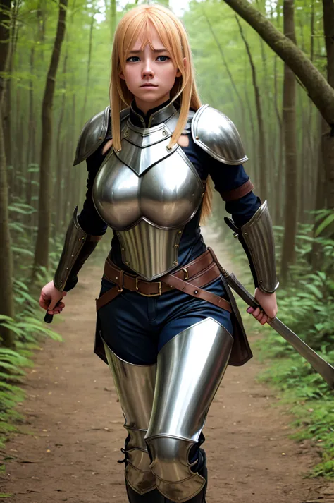 high reslolution, young novice warrior of the warriors guild, blonde hair, dutch girl 20 years old,  leather armor, in a forest,...