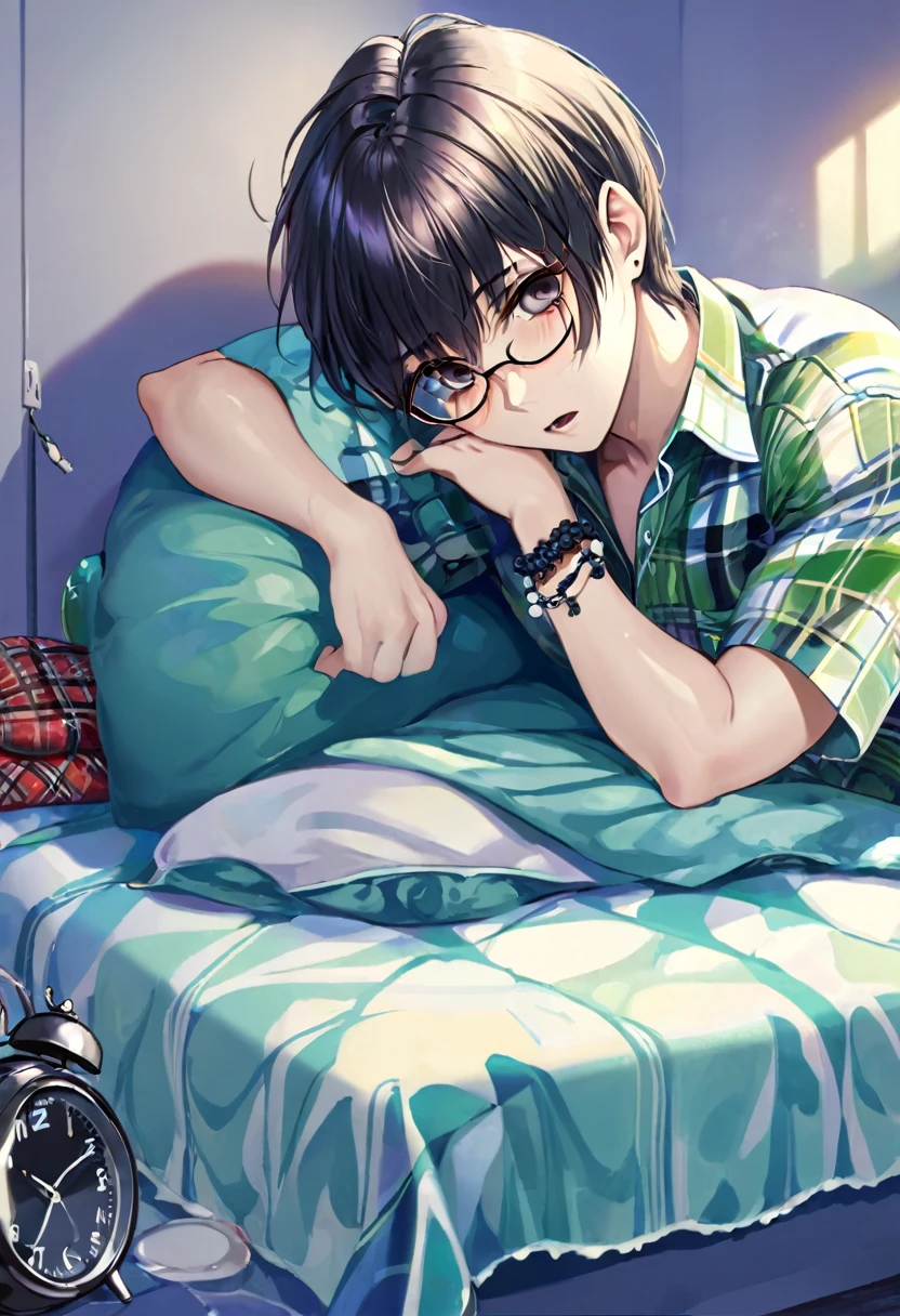 Alone boy, looking at alarm clock, pale jellon hair, half rosary eyes, open shirt, plaid shirt, pants, Hawaiian blouse, wearing glasses, mouth piercing,