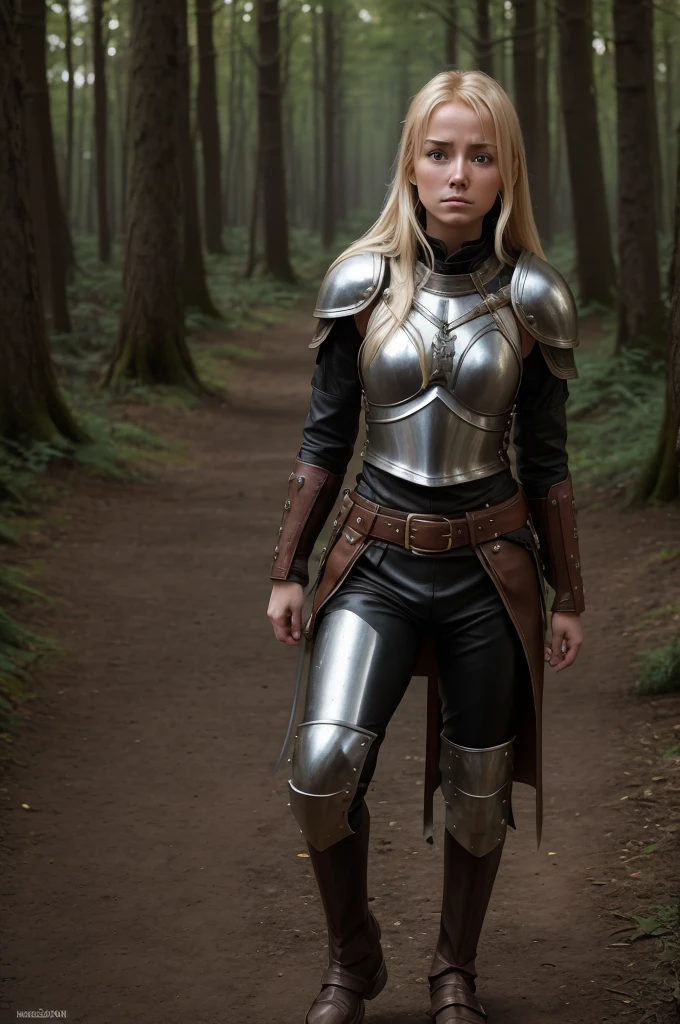 haute résolution, jeune guerrier novice de la guilde des guerriers, cheveux blond, fille néerlandaise de 20 ans,  armure de cuir, dans une forêt, faire pipi dans son pantalon de peur, se mouiller de panique, la panique sur son visage, Pipi coulant le long de ses jambes, humidité visible à son entrejambe, Pipi coulant le long de ses jambes, portant un pantalon en cuir de couleur claire, plastron en métal léger