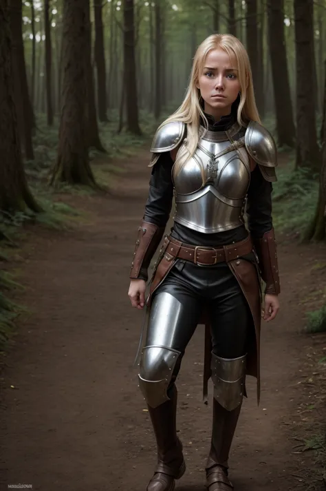 high reslolution, young novice warrior of the warriors guild, blonde hair, dutch girl 20 years old,  leather armor, in a forest,...