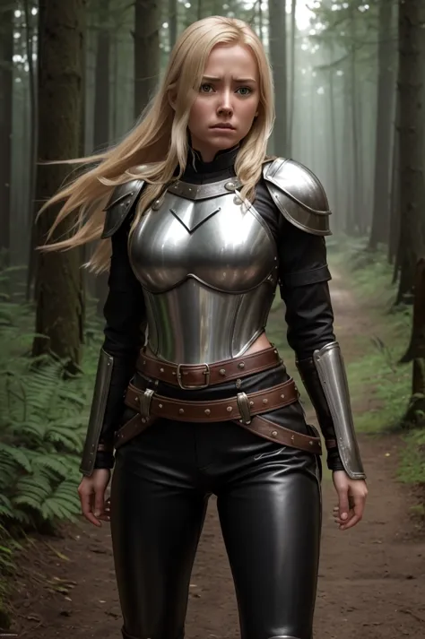 high reslolution, young novice warrior of the warriors guild, blonde hair, dutch girl 20 years old,  leather armor, in a forest,...