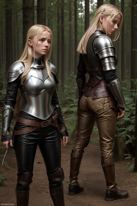 high reslolution, young novice warrior of the warriors guild, blonde hair, dutch girl 20 years old,  leather armor, in a forest,...