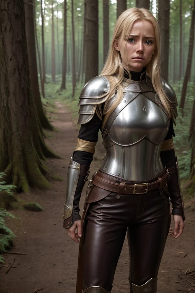 high reslolution, young novice warrior of the warriors guild, blonde hair, dutch girl 20 years old,  leather armor, in a forest, peeing her pants in fear, wetting herself in panic, panic in her face, crying in fear, pee running down her legs, visible wetness at her crotch, pee running down her legs, wearing light brown leather pants, light metal breastplate