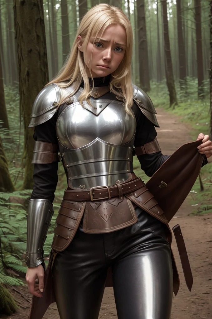 high reslolution, young novice warrior of the warriors guild, blonde hair, dutch girl 20 years old,  leather armor, in a forest, peeing her pants in fear, wetting herself in panic, panic in her face, crying in fear, pee running down her legs, visible wetness at her crotch, pee running down her legs, wearing light brown leather pants, light metal breastplate