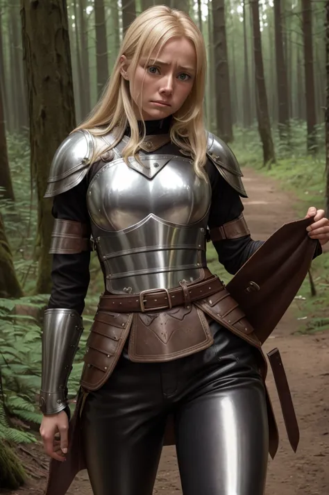 high reslolution, young novice warrior of the warriors guild, blonde hair, dutch girl 20 years old,  leather armor, in a forest,...