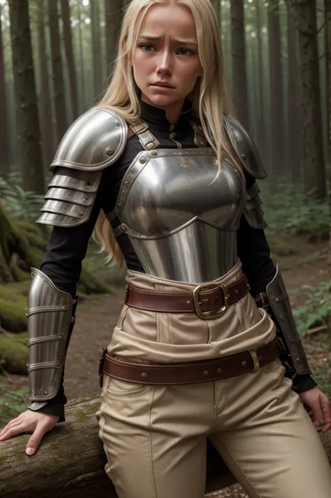 high reslolution, young novice warrior of the warriors guild, blonde hair, dutch girl 20 years old,  leather armor, in a forest,...