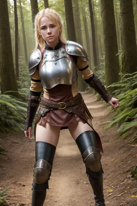 high reslolution, young novice warrior of the warriors guild, blonde hair, dutch girl 20 years old,  leather armor, in a forest,...