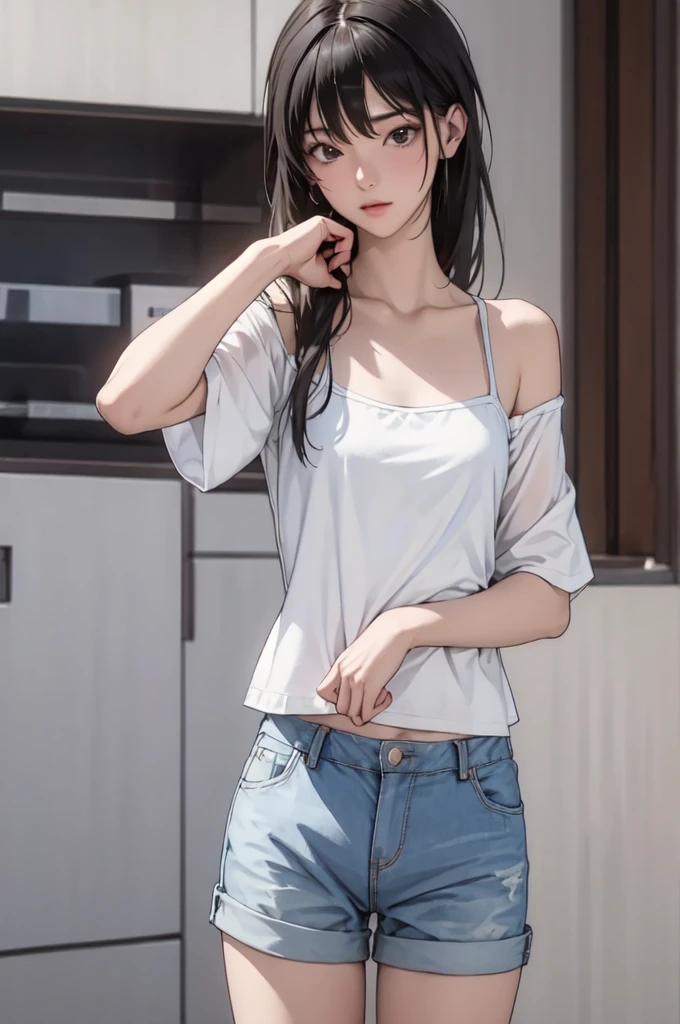 ((masterpiece, best quality)),((highres:1.2)), 1 Girl, solo, Cowboy Shot, Blurred Background, (((Small breasts))), Thighs, (camisole), Off the shoulder, Shorts