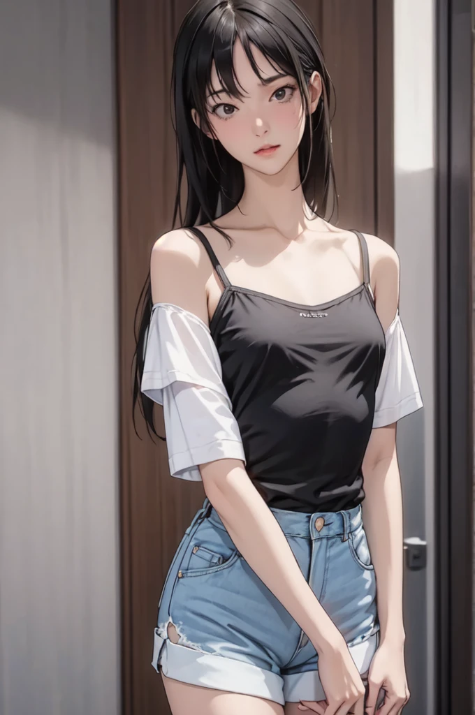 ((masterpiece, best quality)),((highres:1.2)), 1 Girl, solo, Cowboy Shot, Blurred Background, (((Small breasts))), Thighs, (camisole), Off the shoulder, Shorts