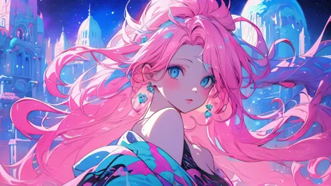 a person with pink hair and blue eyes, a beautiful city and a galaxy. Beautiful and impressive works of art, Bright shadows, str...