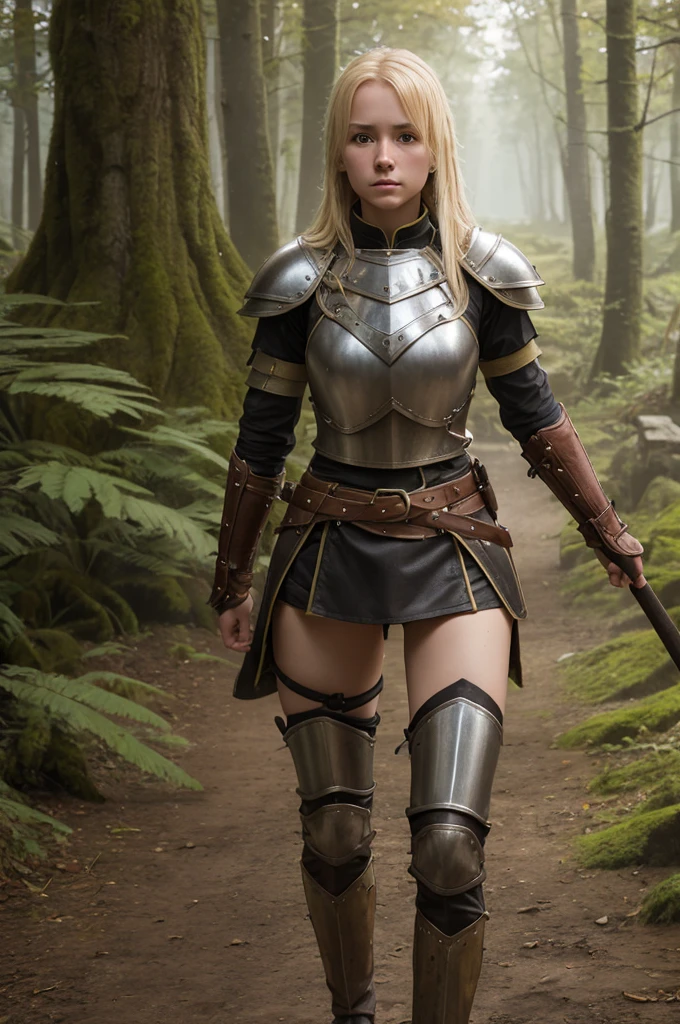 high reslolution, young novice warrior of the warriors guild, blonde hair, dutch girl 20 years old,  leather armor, in a forest, peeing her pants in fear, wetting herself in panic, panic in her face, pee running down her legs, visible wetness at her crotch, pee running down her legs, wearing light biscuit colored leather leggings, light metal breastplate