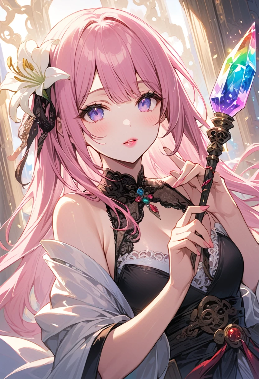 ((masterpiece, Highest quality)),One Girl、 Detailed face, Esbian all over, Full of details, Very detailed, depth, Many Taoist believers,Have a crystal wand,Fantasy style,So beautiful and mysterious,Fantasy,Rainbow colors，High Balance, Natural light, Black lace，Black laceパンスト、Pink Hair、White lily flower hair ornament、Pink Lip