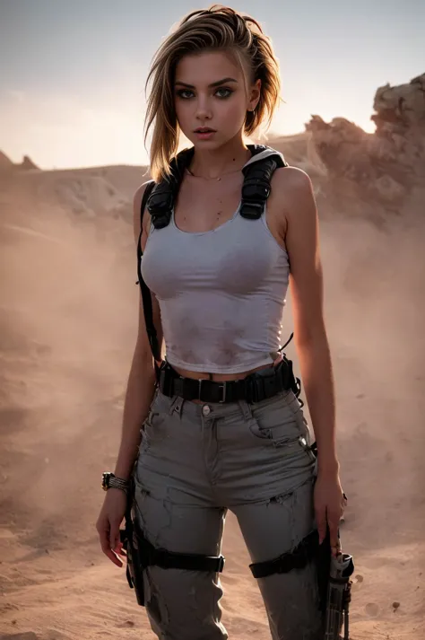 masterpiece, portrait of a beautiful 15-year-old Russian girl in a post-apocalyptic desert, Punk blonde with short hair, shaved ...