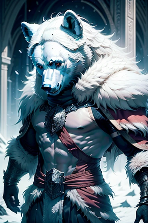 (((Polar Bear))) standing still looking at the sky Medium muscular, frozen planet setting, snowstorm , zoomed in on crotch, , chunie, darkgem, He uses an old, torn blanket made of animal hide as a garment to protect His body from the extreme cold.