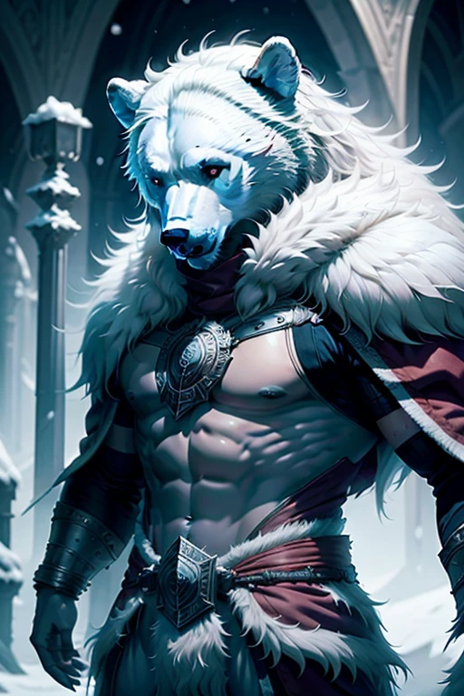 (((Polar Bear))) standing still looking at the sky Medium muscular, frozen planet setting, snowstorm , zoomed in on crotch, , chunie, darkgem, He uses an old, torn blanket made of animal hide as a garment to protect His body from the extreme cold.