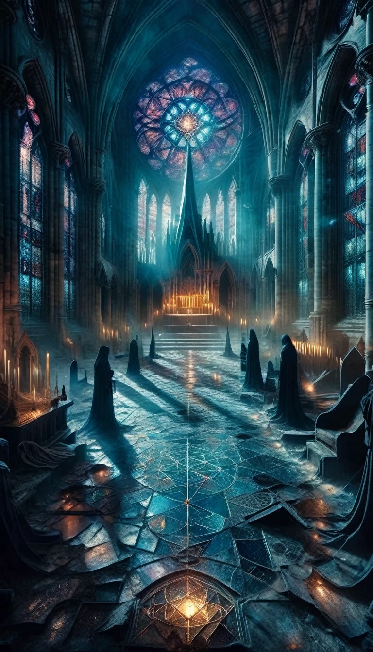 ais-rcn, an abandoned cathedral in the moonlight, its broken stained glass windows cast eerie patterns on the dusty floor, with a dark altar, who stands menacingly in the nave, filmic