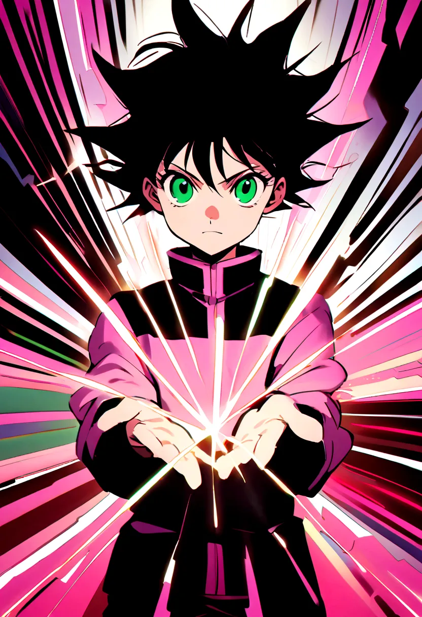 13 year old boy with black wavy hair and green eyes wearing pink and black clothes in hunter x hunter manga style