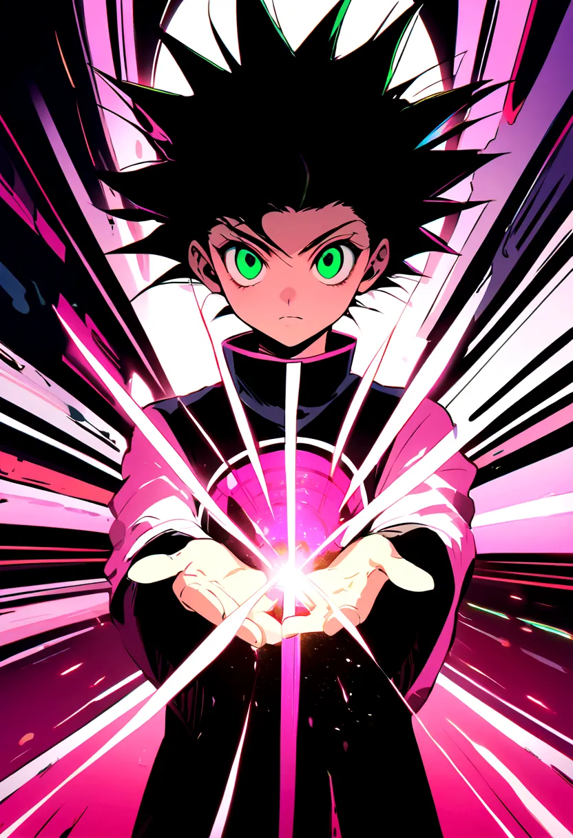 13 year old boy with black wavy hair and green eyes wearing pink and black clothes in hunter x hunter manga style