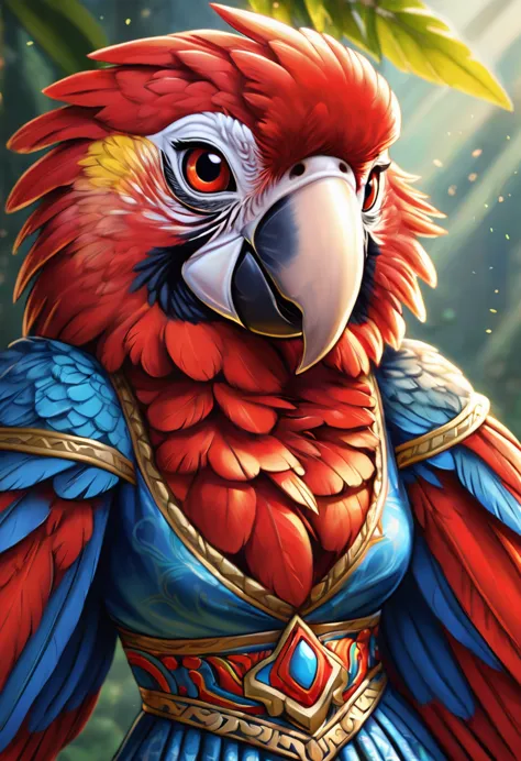 Create an realistic illustrated, hand-drawn, full-color image of an anthropomorphic Scarlet macaw women. The artwork should be r...