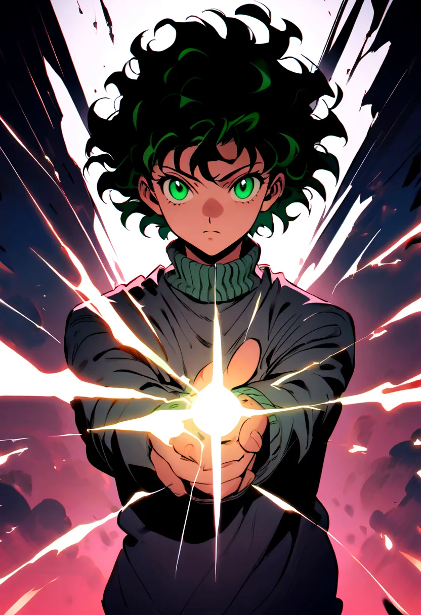 14 year old boy with black wavy hair and green eyes wearing a grey sweater in hunter x hunter manga style