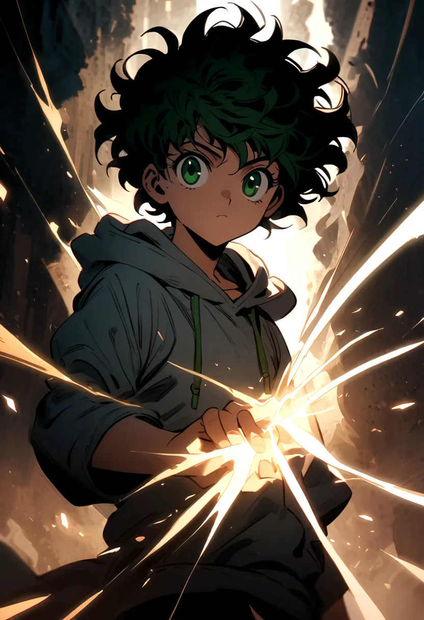 14 year old boy with black short wavy hair and green eyes wearing a grey hoodie in hunter x hunter manga style