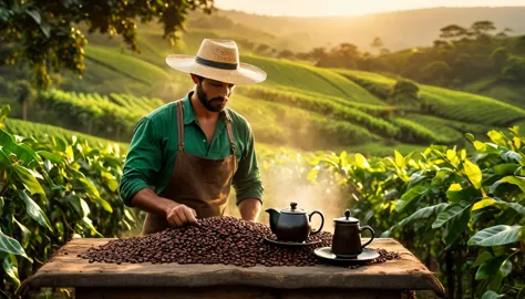 Create an image for a coffee advertising campaign with the following scenario: A green field with coffee plantations at dawn. In...