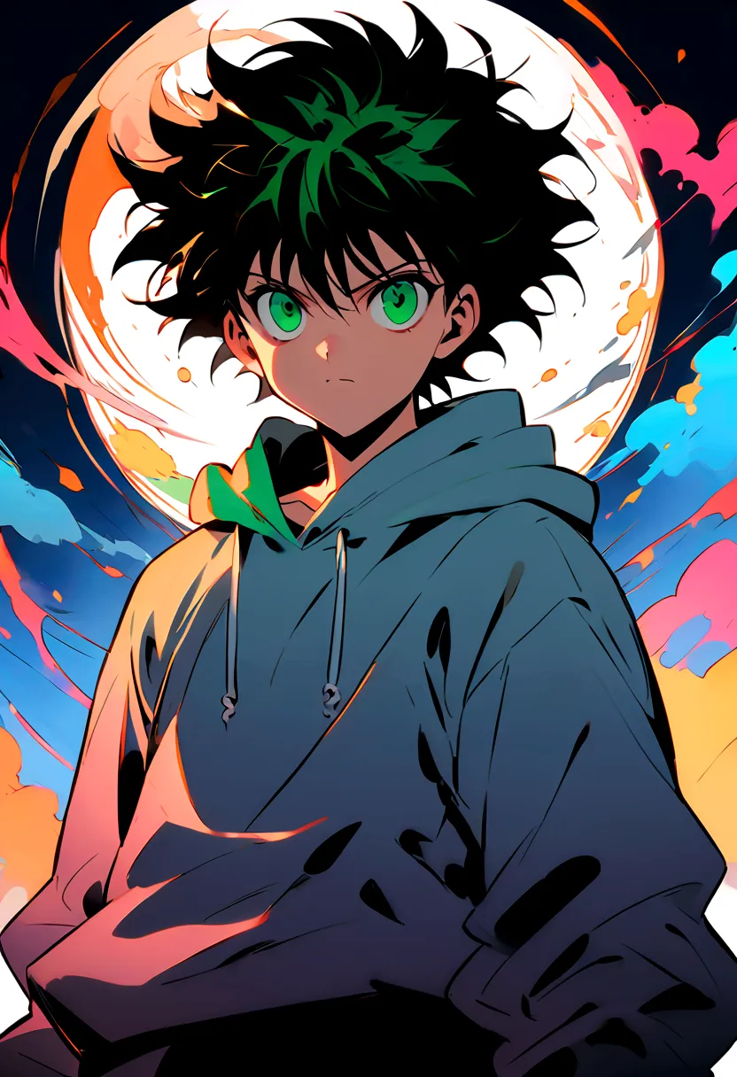 14 year old boy with black short wavy hair and green eyes wearing a grey hoodie in hunter x hunter manga style