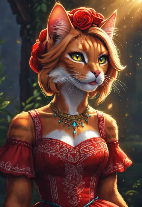 create an realistic illustrated, hand-drawn, full-color image of an anthropomorphic red cat. the artwork should be rendered in t...