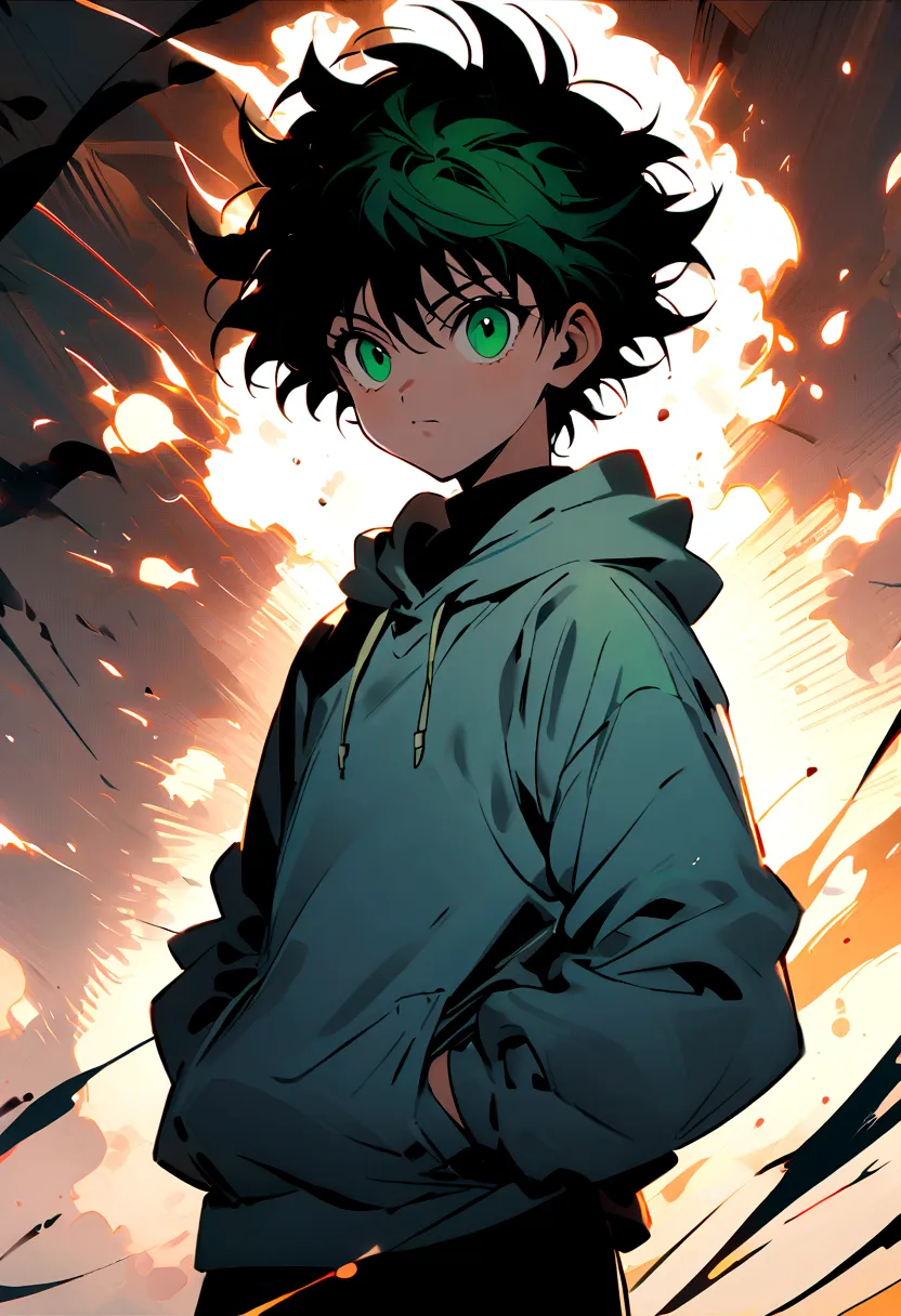 14 year old boy with black short wavy hair and green eyes wearing a grey hoodie in hunter x hunter manga style