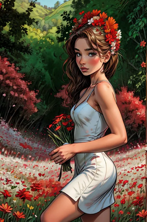 there is a girl in a red and white dress holding a bouquet, girl in flowers, picking flowers, Holding flowers, picking up a flow...
