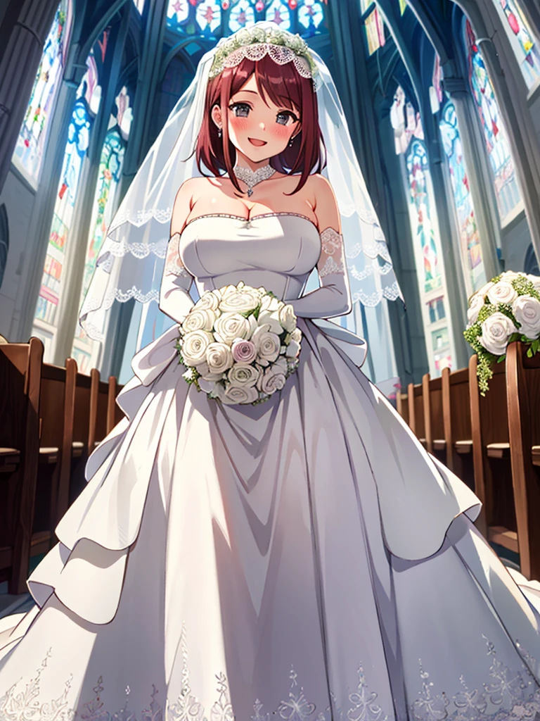 uzumaki_kushina, enorme pecho ,vestido de hombro caído,ombligo, escote, ombligo,agujero trasero,
Textura de tela detallada, vestido de princesa de boda, Flor de la cabeza, tocado, (vestido de novia de bandeau:1.5), (vestido de seda:1.2), (vestido de novia sin tirantes]:1.5), 
vestido blanco liso, collar, arete, escote, ramo, (guantes de encaje:1.2), (velo de novia:1.2), (velo corto y transparente:1.2), 
(hermoso paisaje), (iglesia, Vidrieras) Caminando, (sonrisa feliz, rubor), pelo largo ,cola de caballo