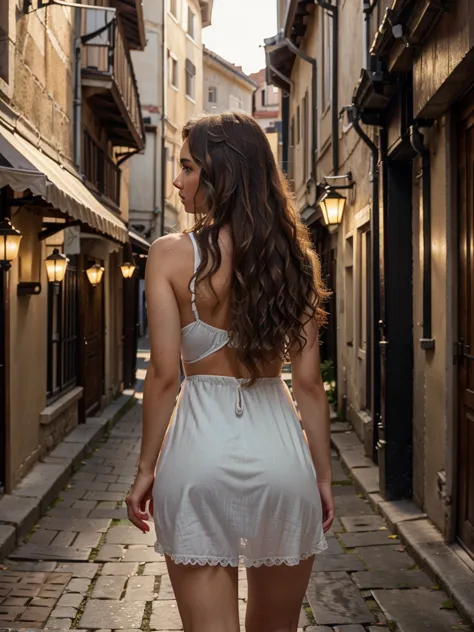 young woman with light brown wavy hair,black short sundress,walking through alley in croatia,back facing camera,intricate detail...