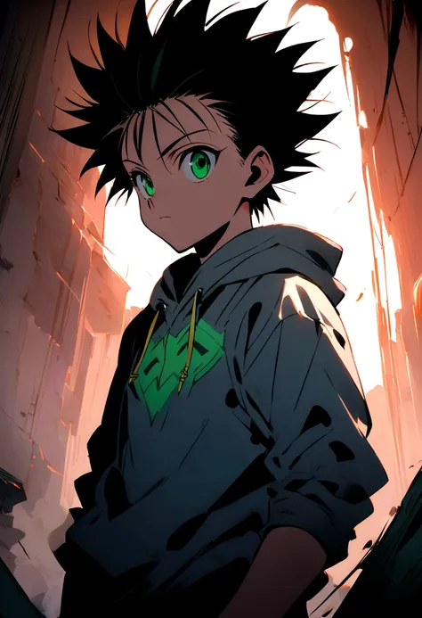 14 year old boy with black short mohawk hair and green eyes wearing a grey hoodie in hunter x hunter manga style