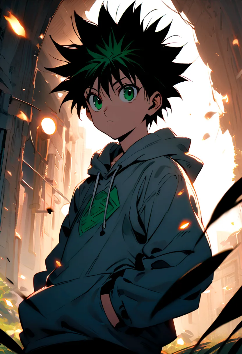 14 year old boy with black short mohawk hair and green eyes wearing a grey hoodie in hunter x hunter manga style