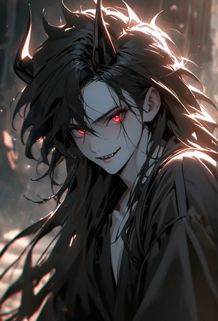 (solo), masculine, black hair, messy hair, mane hair, long hair, dense hair, wild hair, expressive hair, mature,(25 year old), pale skin, red eyes, ((man)), wearing a black robe, black demon horns,, Smiling and showing his fangs, handsome, attractive, eye reflection, depth of field, thunder aura,cinematic lighting, ray tracing, depth of field, cinematic lighting, ray tracing, UHD, high details, best quality, highres, high quality, award winning, super detail, masterpiece, 8k, UHD, high details, best quality, highres, high quality, award winning, super detail, masterpiece, 8k, digital art, anime coloring, full body, body shot, good face, perfect face, detailed face, good eyes, sitting on a throne