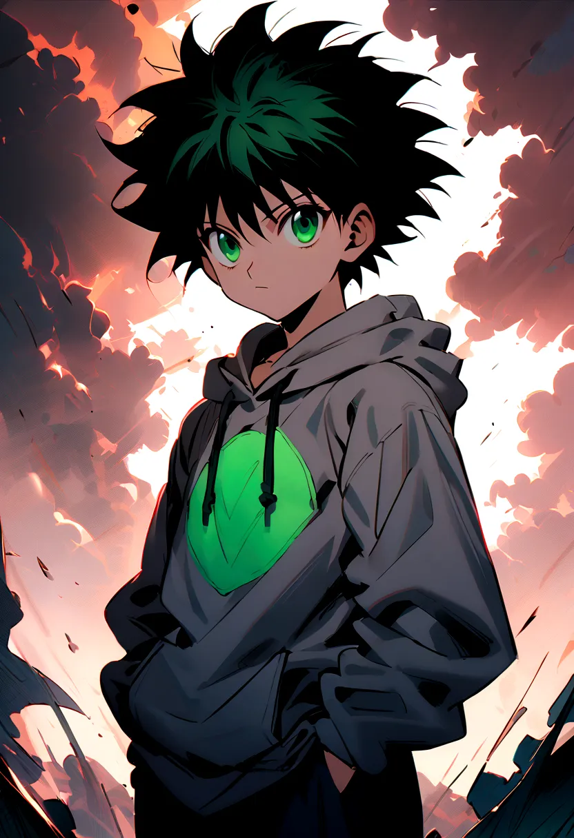 14 year old boy with black short mohawk hair and green eyes wearing a grey hoodie in hunter x hunter manga style