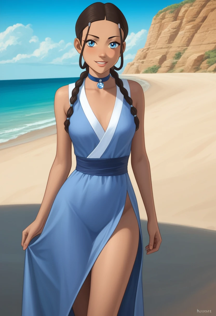 score_9_up, score_8_up, score_7_up, 1girl, solo, mature female, ((Katara)), Latin skin color, brown braided hair, blue eyes, pink lips, parted lips, fit slim body, ((perfect medium erected breast)), (((blue beach tunic, blue choker))), (((Iceland beach))), perfect model body, wide hips, naughty smile, standing in seductive pose