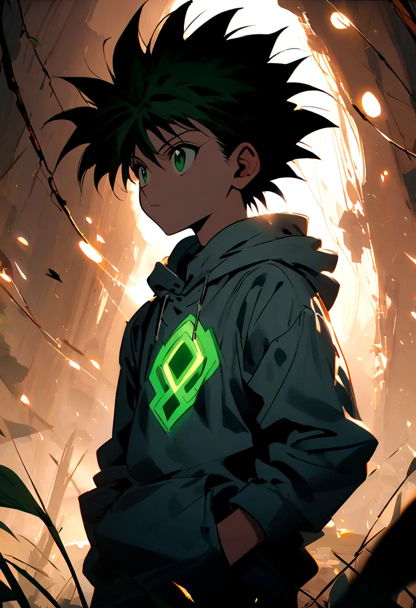 14 year old boy with black mohawk hair and green eyes wearing a grey hoodie in hunter x hunter manga style