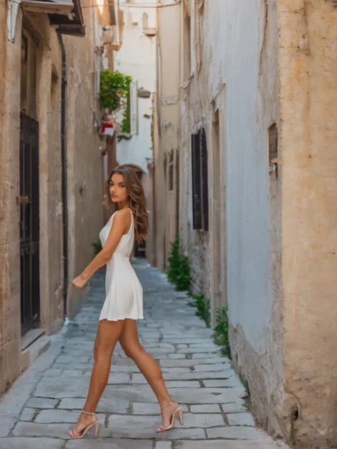 a young woman with light brown hair, walking through an alley in croatia, back facing camera, flowy white dress, high heels, (be...