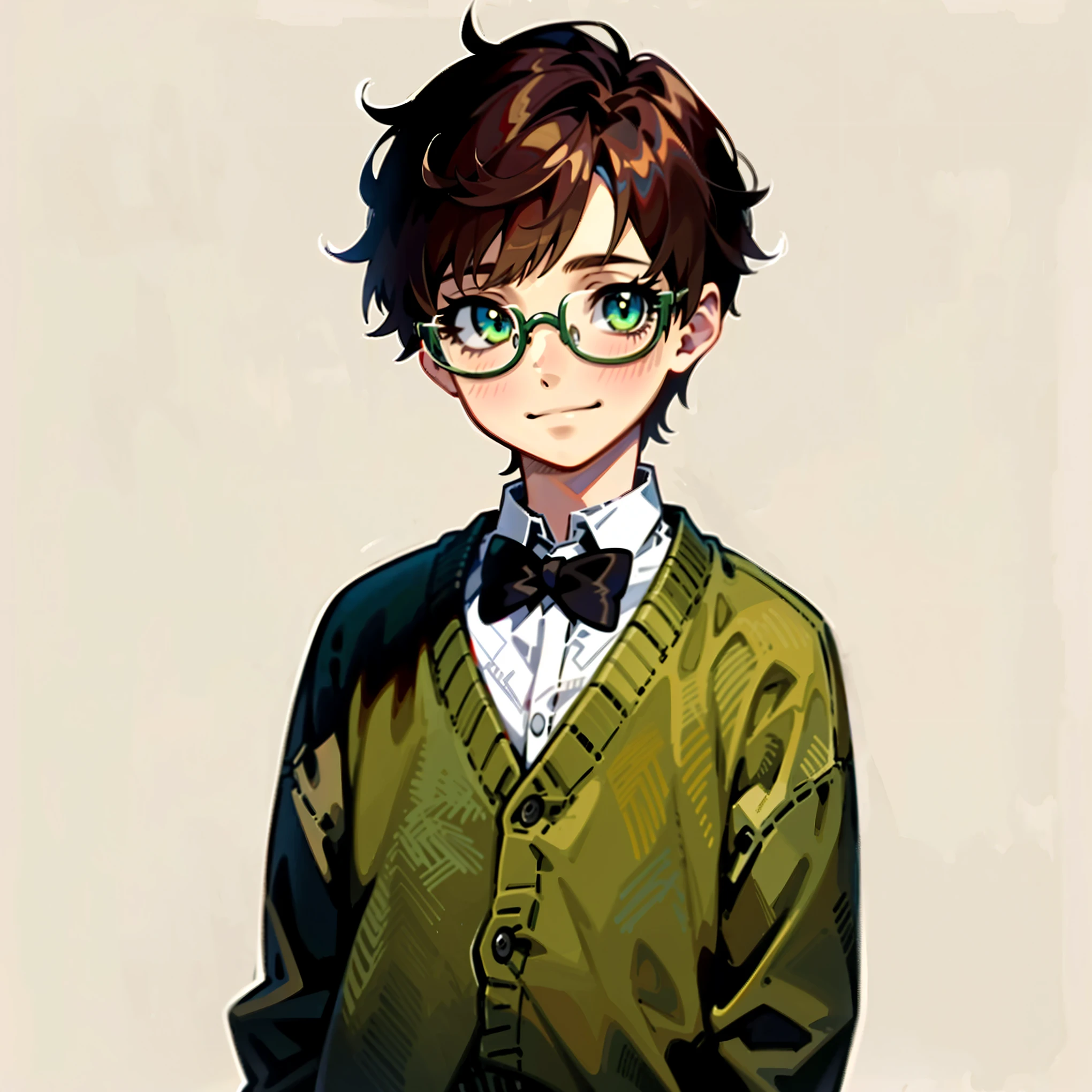 1boy, short messy brown hair, green eyes, round glasses, green ribbed cardigan, white buttoned shirt, black pants, blush, smile, ((solo)), ((best quality)), ((masterpiece)), portrait, looking at the camera, from the front, simple background, ((detailed)), ((perfect anatomy)), ((detailed art)), ((high definition)), ((4k)), ((high resolution))