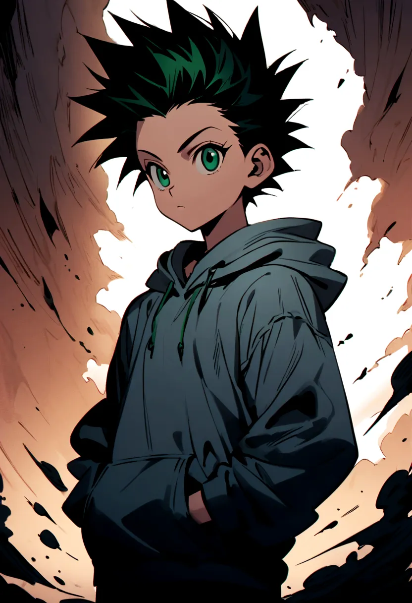 14 year old boy with black mohawk hair and green eyes wearing a grey hoodie in hunter x hunter manga style