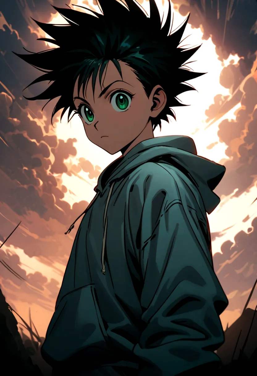 14 year old boy with black mohawk hair and green eyes wearing a grey hoodie in hunter x hunter manga style