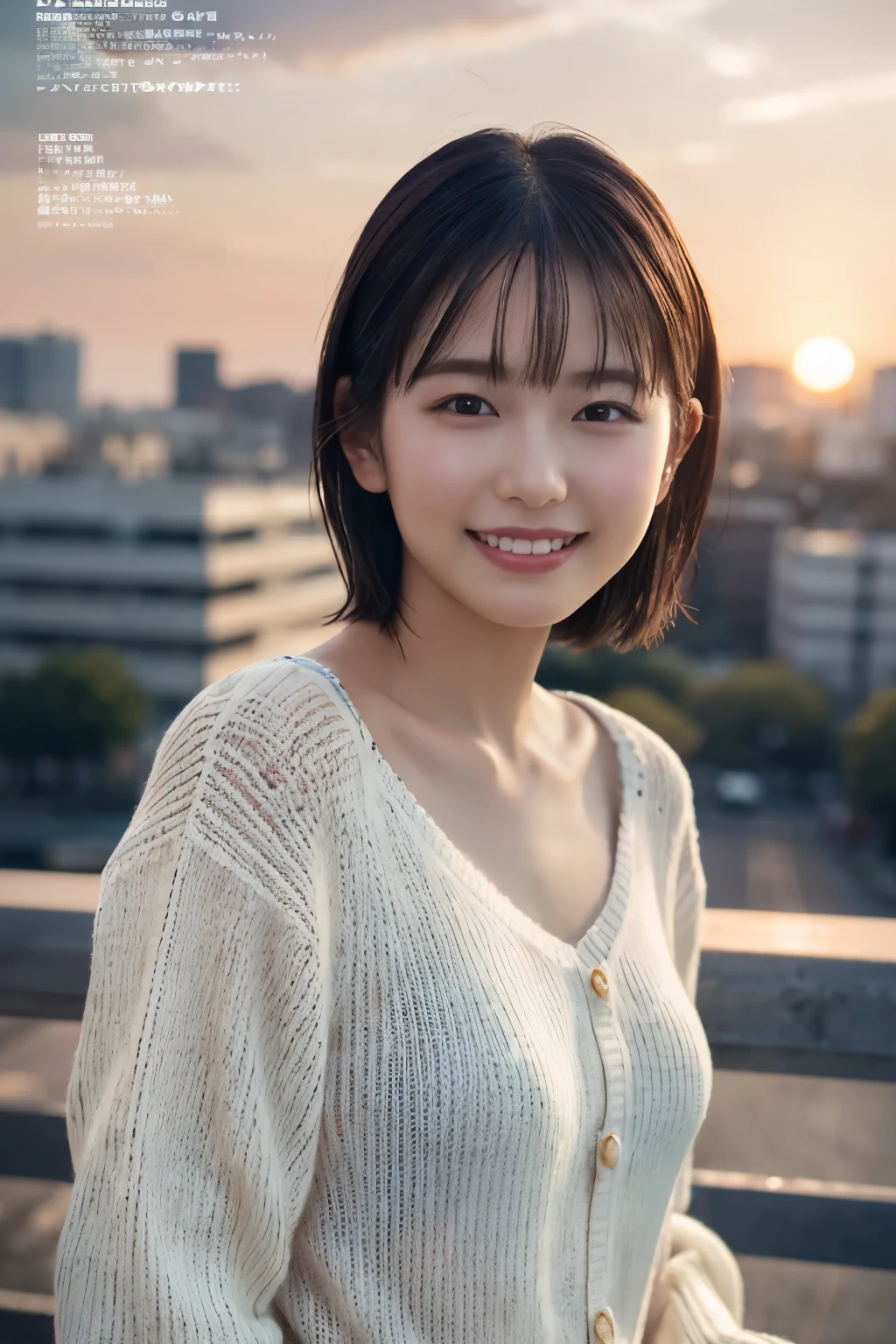 1 Girl, (Wearing a white summer sweater:1.2), Very beautiful Japanese idol portraits, 
(RAW Photos, Highest quality), (Realistic, Realistic:1.4), (masterpiece), 
Very delicate and beautiful, Very detailed, 2k wallpaper, wonderful, finely, Very detailed CG Unity 8K 壁紙, Very detailed, High resolution, Soft Light, 
Beautiful detailed girl, Very detailed目と顔, Beautiful and sophisticated nose, finelyて美しい目, Cinema Lighting, 
(Fashion magazine photography:1.3), (Outdoor), (Sunset sky),
(short hair), 
Complete Anatomy, Slender body, Small breasts, smile