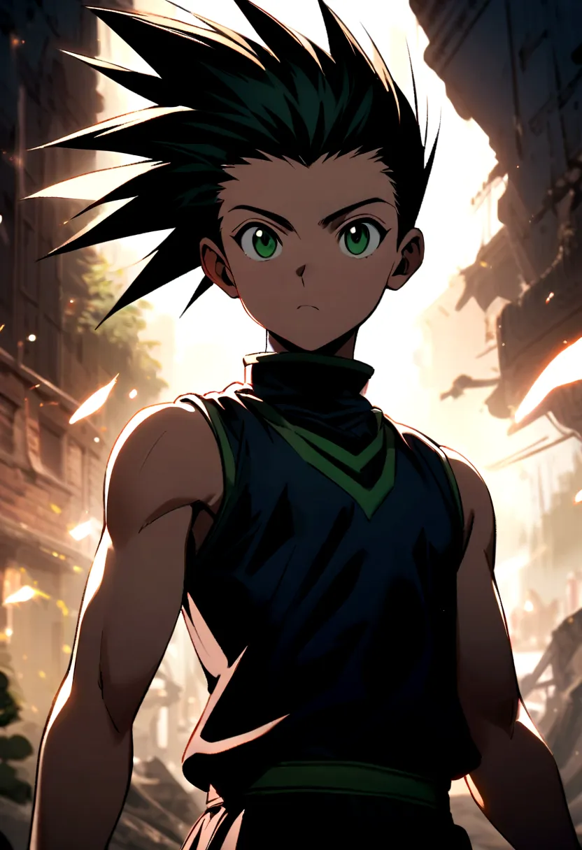 14 year old boy with black mohawk hair with shaved sides and green eyes wearing a black sleeveless shirt in hunter x hunter mang...