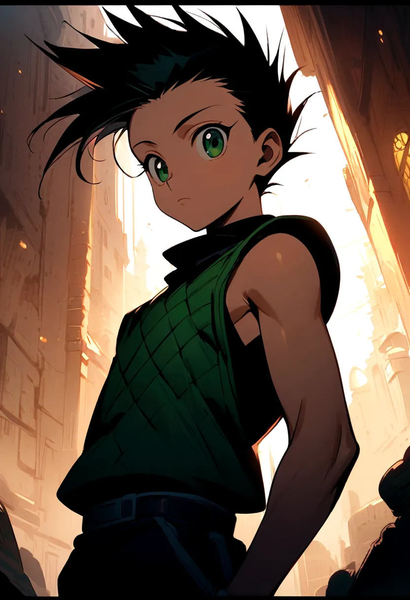 14 year old boy with black mohawk hair with shaved sides and green eyes wearing a black sleeveless shirt in hunter x hunter mang...